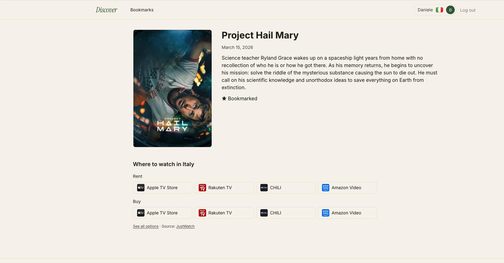 The movie detail page for Project Hail Mary, showing the poster, description, bookmark status, and a "Where to watch in Italy" section with eight tiles for Apple TV Store, Rakuten TV, CHILI, and Amazon Video, listed under Rent and Buy.